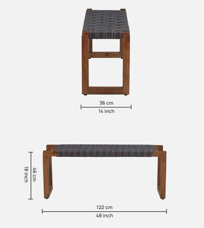 WOOD CURLS Woven Essence 2-seater bench in acacia wood with a handwoven cotton webbing seat and natural satin finish.