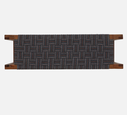 WOOD CURLS Woven Essence 2-seater bench featuring a dark grey cotton webbing seat and natural acacia wood frame.