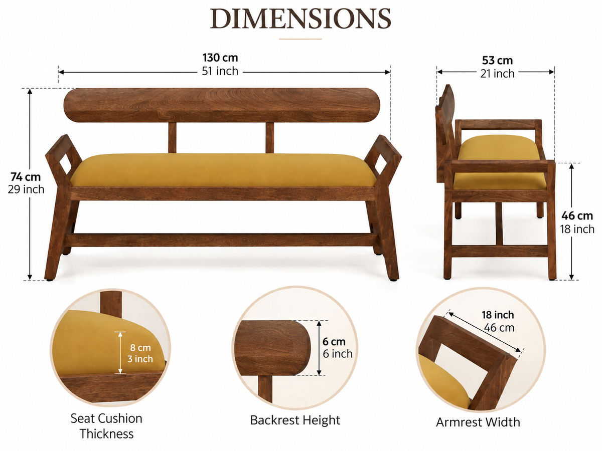 WOOD CURLS Alderra mango wood bench with mustard velvet seat, showing dimensions and structural details.