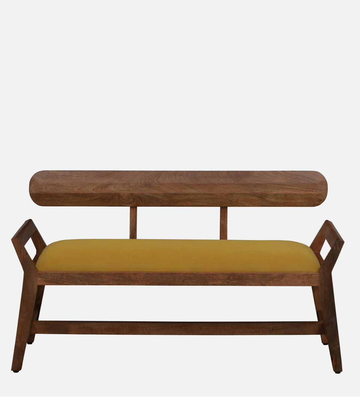 WOOD CURLS Alderra mango wood bench with a mustard velvet seat, backrest, and tapered legs in a mid-century style.