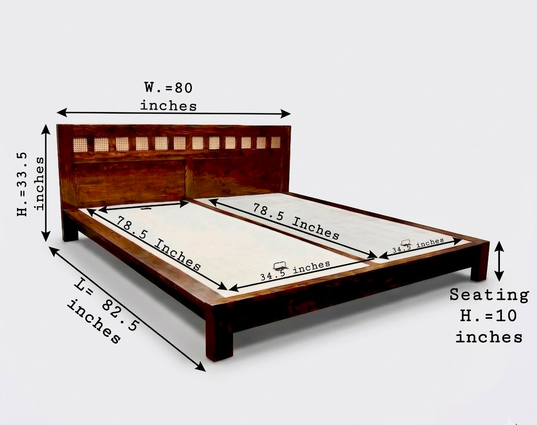 WOOD CURLS Aranya king size solid Sheesham wood bed frame with a decorative cane headboard and dimensions labeled.