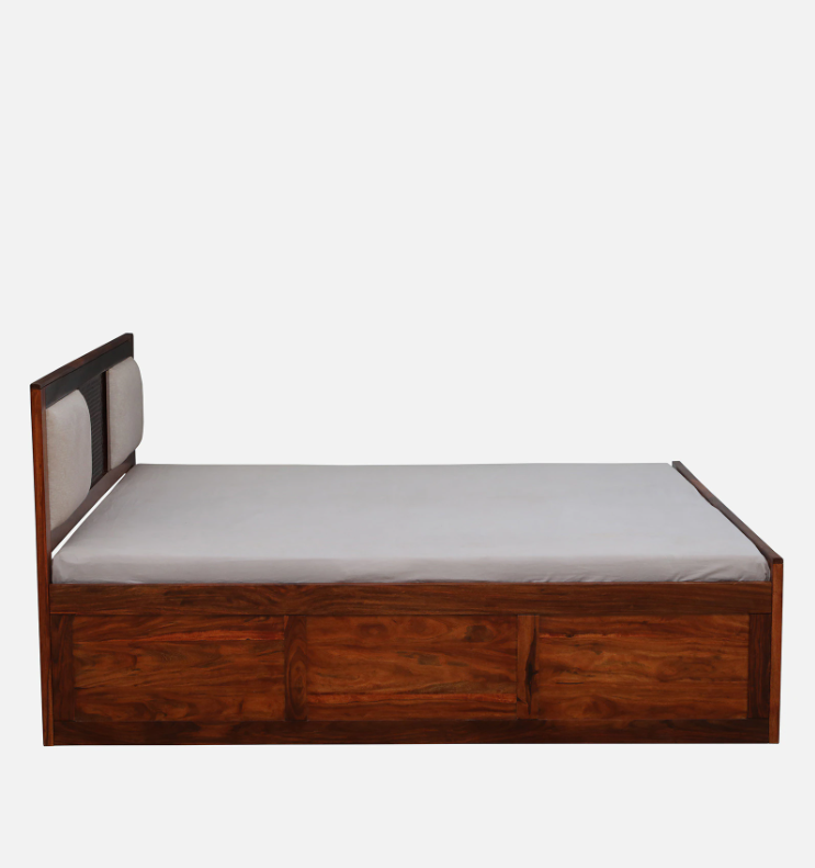 WOOD CURLS Arbor king size bed in honey oak finish with upholstered headboard and integrated box storage