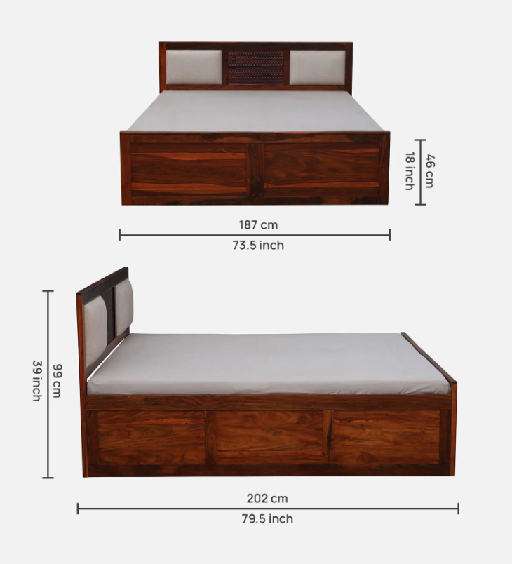 Wooden bed with dimensions labeled on a white background