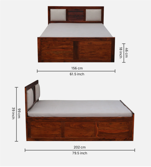 Wooden bed with dimensions labeled on a white background