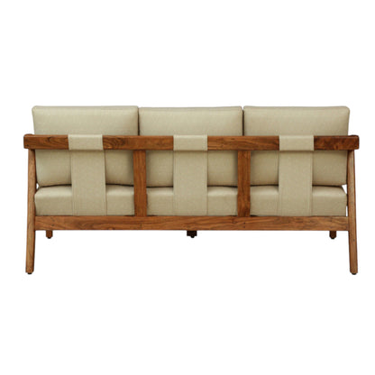 WOOD CURLS Arden 3-seater sofa featuring a solid acacia wood frame and beige fabric upholstery, back view.