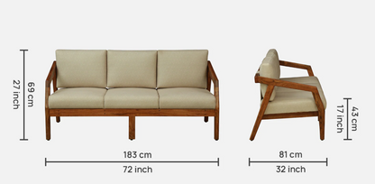 WOOD CURLS Arden 3-seater sofa with acacia wood frame and beige fabric cushions, showing front and side dimensions.