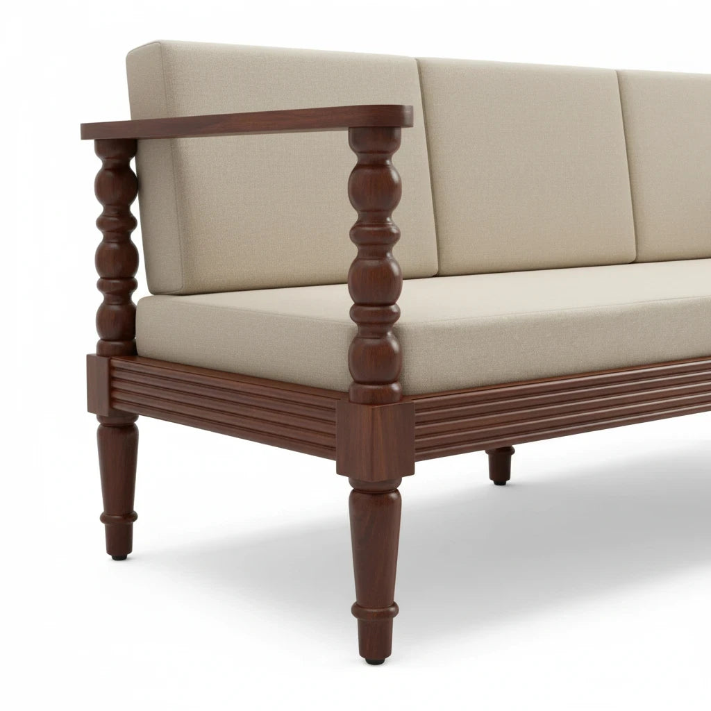 WOOD CURLS Auburn three seater sofa with solid Sheesham wood frame and beige upholstered cushions