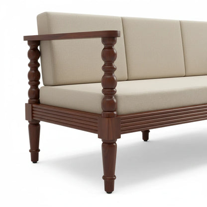WOOD CURLS Auburn three seater sofa with solid Sheesham wood frame and beige upholstered cushions