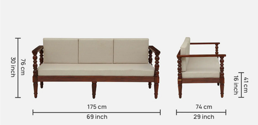 WOOD CURLS Auburn 3 seater sofa in solid Sheesham wood with beige upholstery and elegant carved wooden armrests.