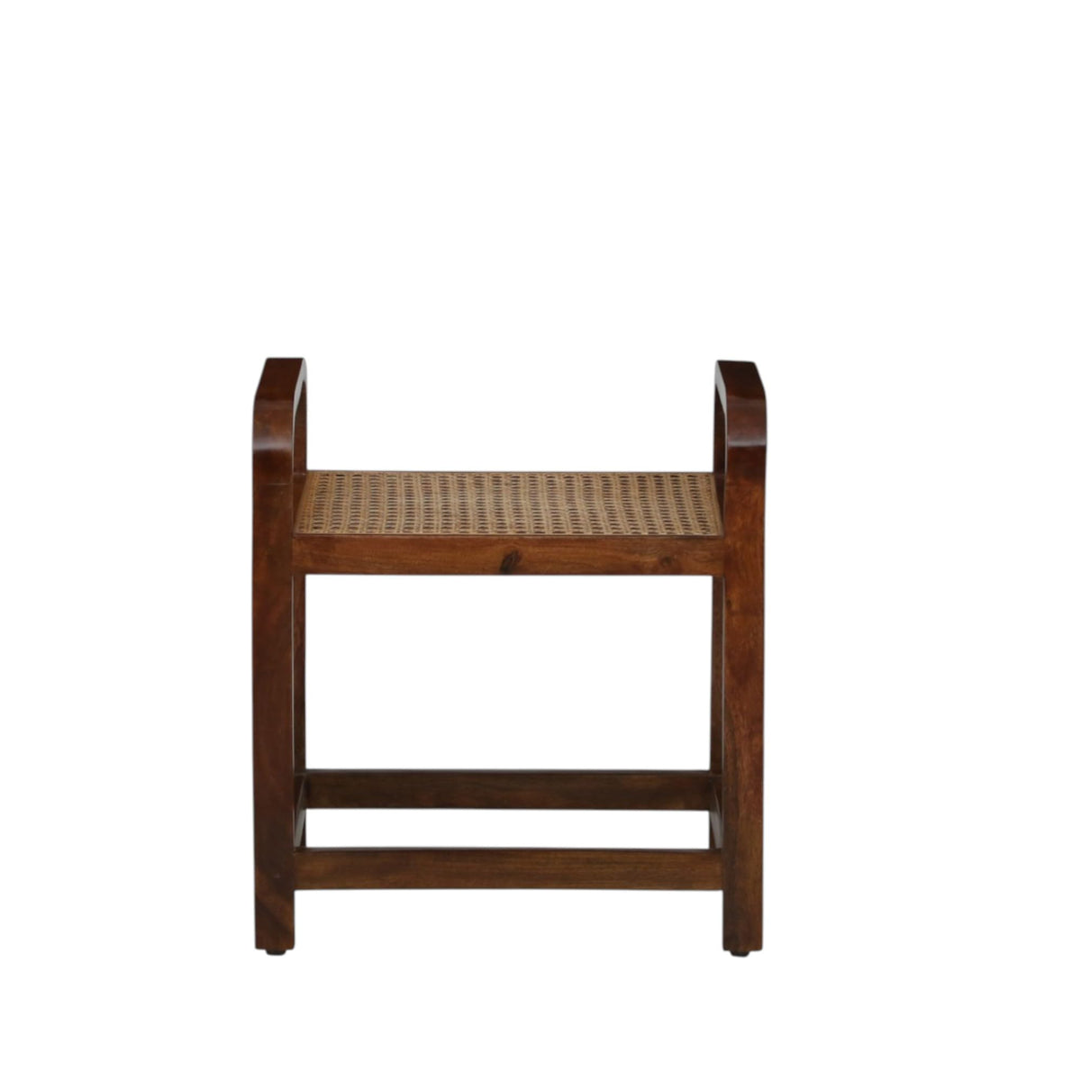 WOOD CURLS Bendora mango wood side table with a walnut finish and a handwoven cane seat in a traditional design.