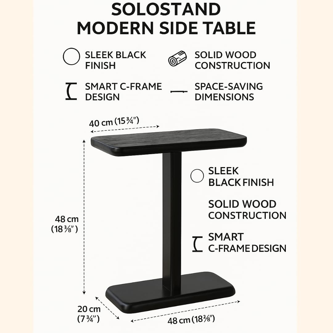 WOOD CURLS SoloStand black mango wood C-frame side table with dimensions and key features listed in an infographic.