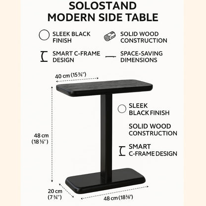 WOOD CURLS SoloStand black mango wood C-frame side table with dimensions and key features listed in an infographic.