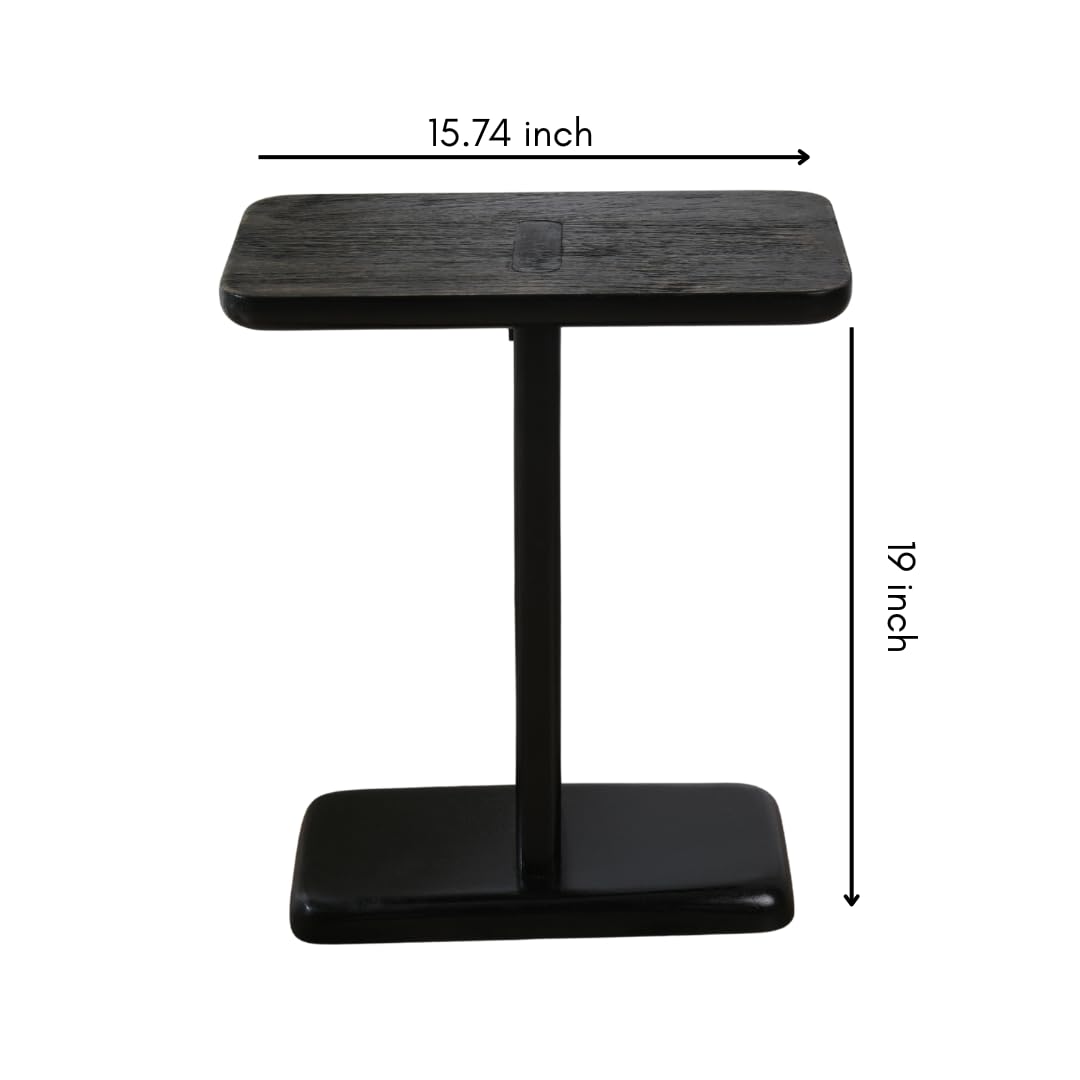 WOOD CURLS black mango wood C-frame side table with dimensions shown for a modern living room