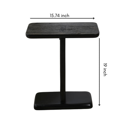 WOOD CURLS black mango wood C-frame side table with dimensions shown for a modern living room