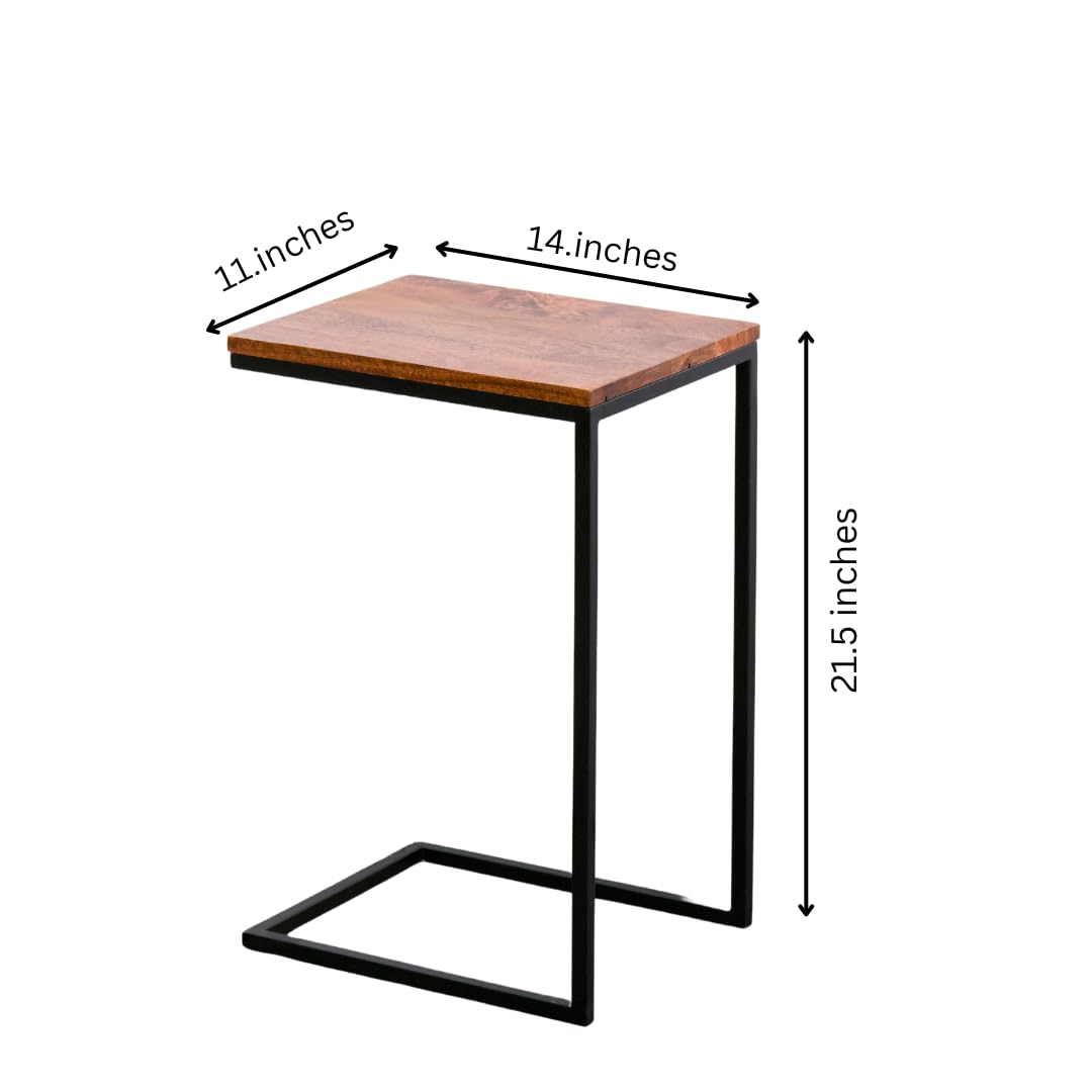WOOD CURLS Odyssey C-shape side table with a warm mango wood top and black iron frame, showing dimensions.