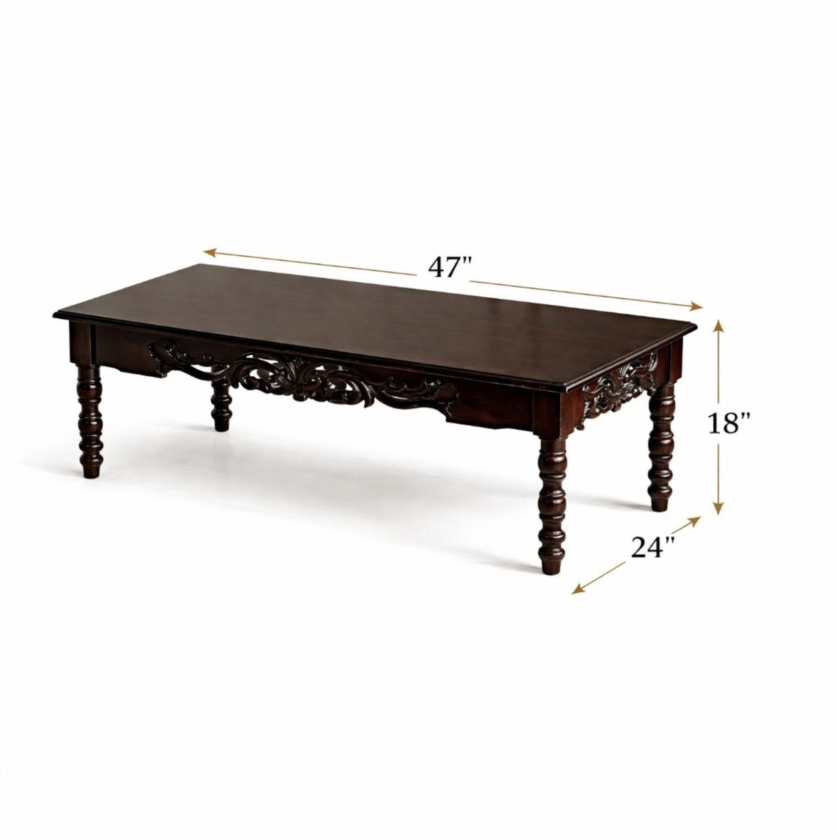WOOD CURLS handcrafted rectangular wooden coffee table with intricate carved apron and traditional turned legs.