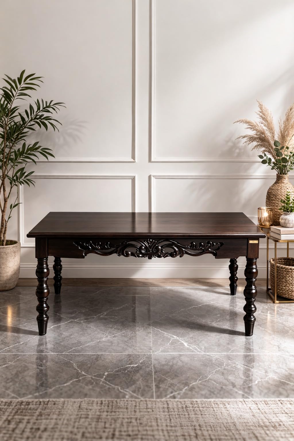 WOOD CURLS handcrafted dark wood coffee table with intricate carved apron and traditional turned legs in a living room.
