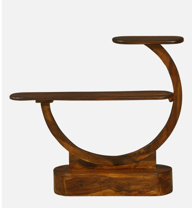 WOOD CURLS Curvea end table made of solid Sheesham wood with a walnut finish and a unique curved dual-tier design.