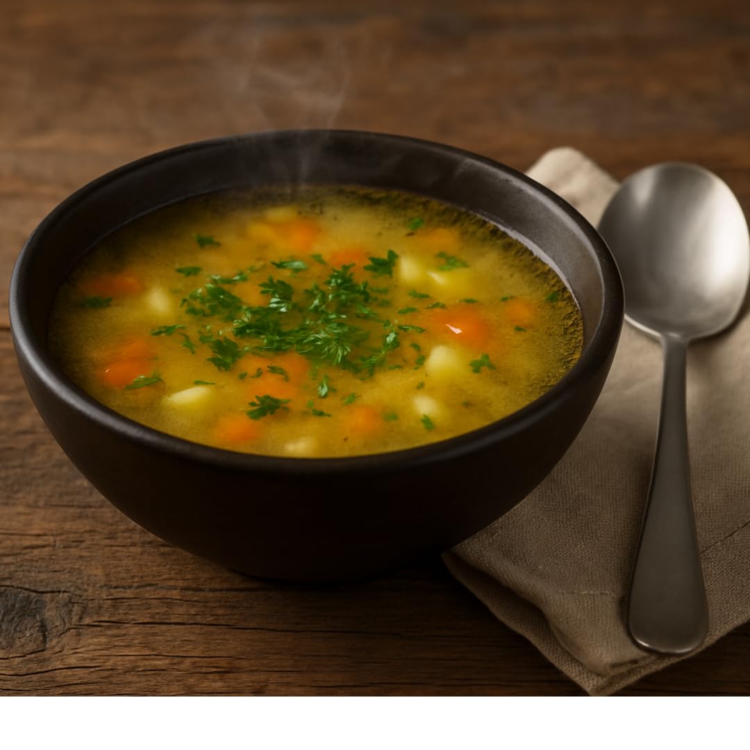WOOD CURLS small dark brown mango wood serving bowl filled with steaming vegetable soup on a rustic wooden table