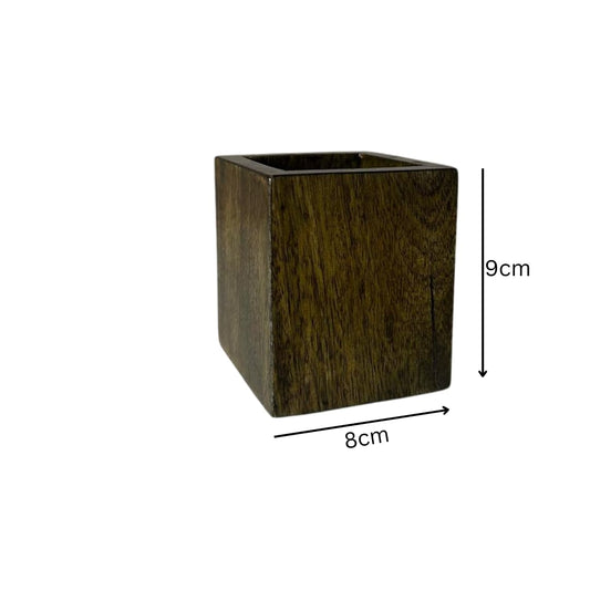 WOOD CURLS square dark brown wooden pen holder for desk organization with visible wood grain texture
