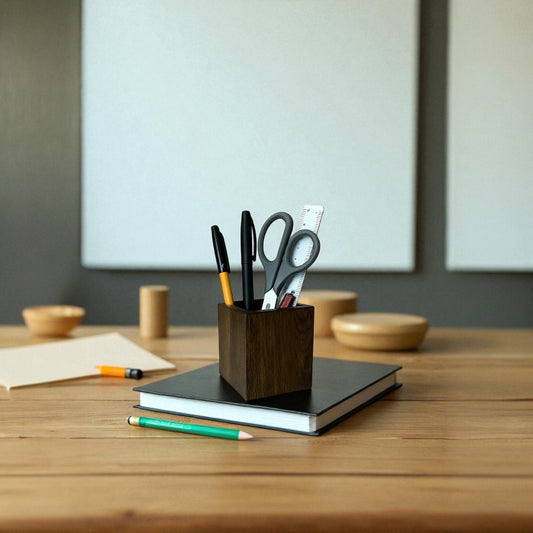 WOOD CURLS dark brown square wooden pen holder on a desk with stationery items like pens, scissors, and a ruler.