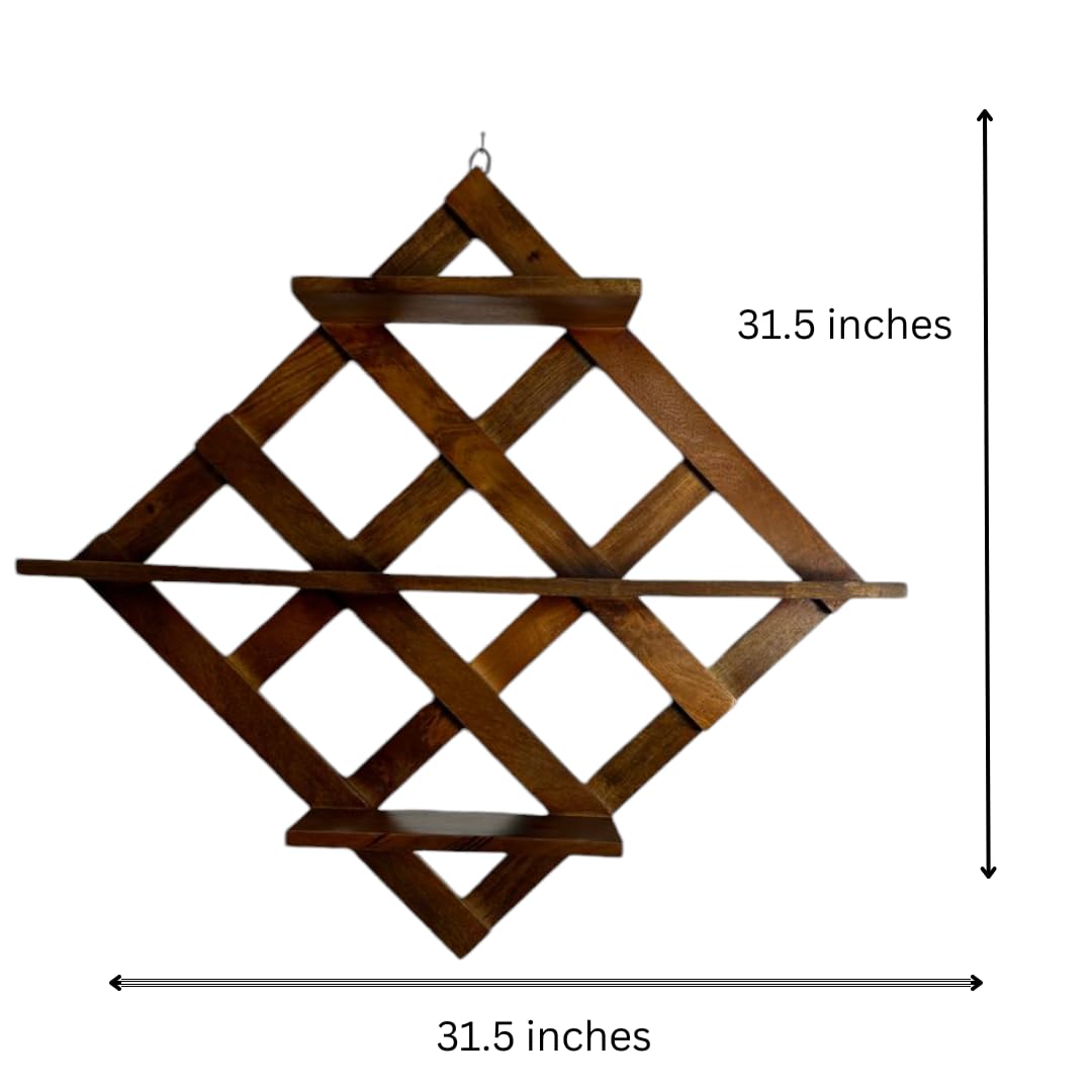 WOOD CURLS diamond-shaped mango wood wall shelf with geometric criss-cross design for rustic home decor storage
