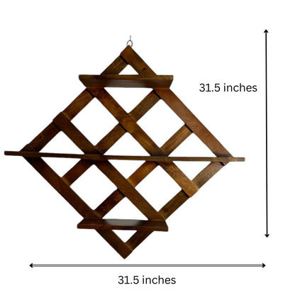WOOD CURLS diamond-shaped mango wood wall shelf with geometric criss-cross design for rustic home decor storage