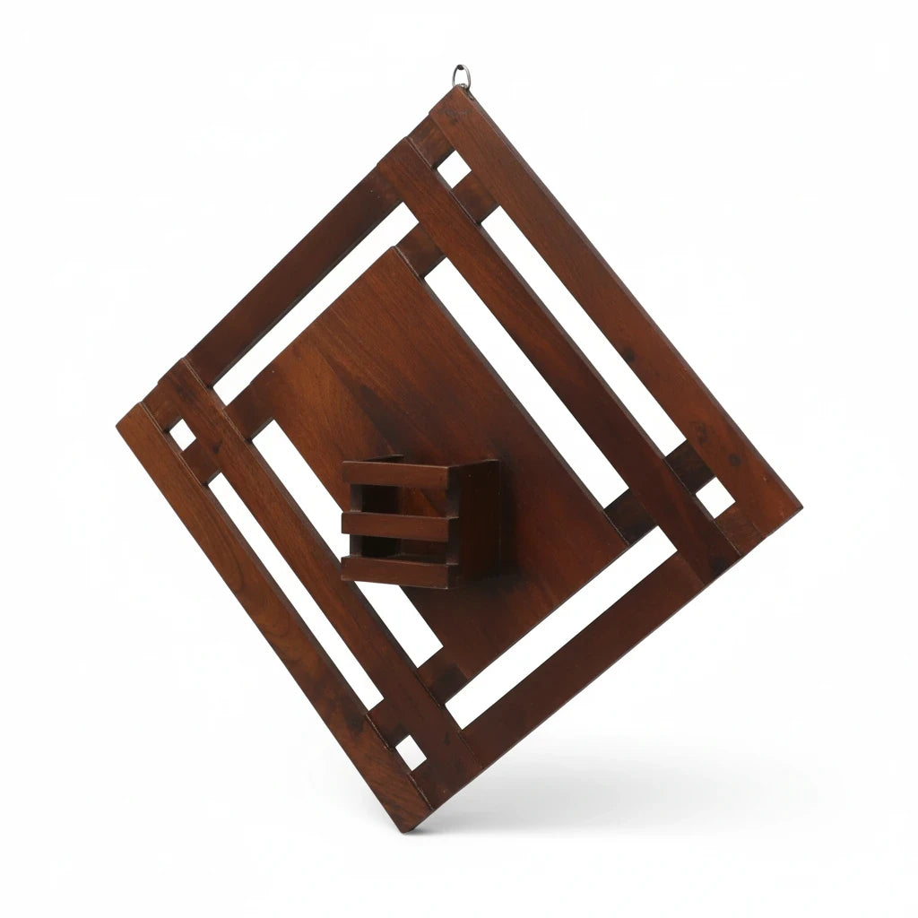 WOOD CURLS diamond-shaped mango wood wall shelf with a small central storage box for home décor display