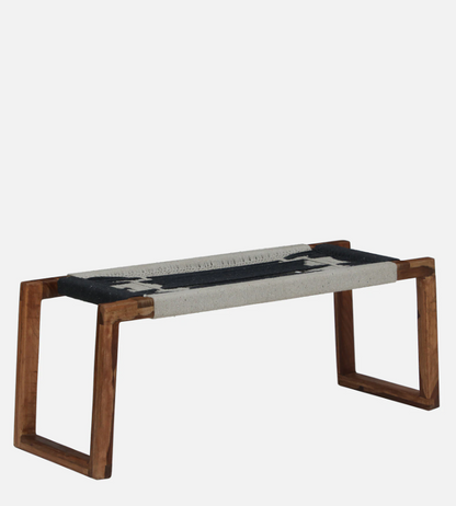 WOOD CURLS Eira 2 seater bench made of natural Sheesham wood with a hand-woven monochrome cotton rope seat.