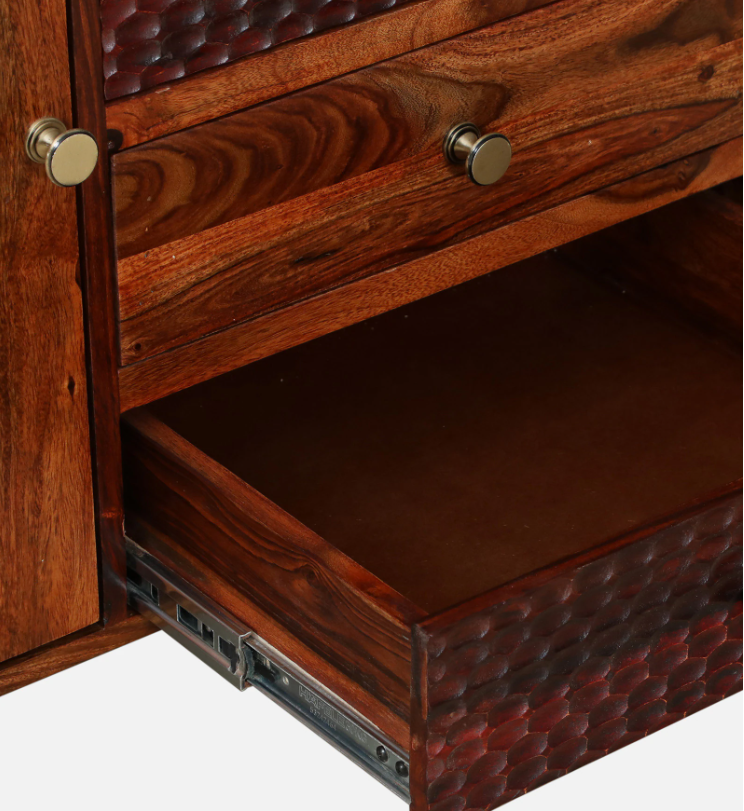 WOOD CURLS Elyssian sideboard drawer detail showing honey oak Sheesham wood grain and textured front with brass knob