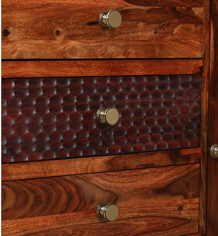 WOOD CURLS Elyssian sideboard featuring honey oak Sheesham wood drawers with textured detailing and brass knobs