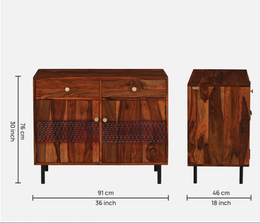 WOOD CURLS Elyssian Sheesham wood sideboard in honey oak finish with two drawers and two cabinet doors, front and side view.