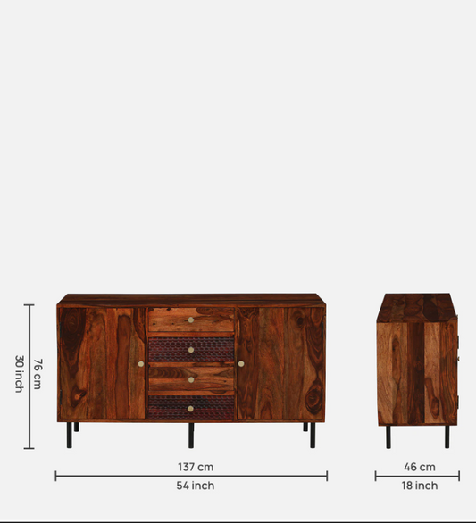 Wooden sideboard with dimensions on a white background