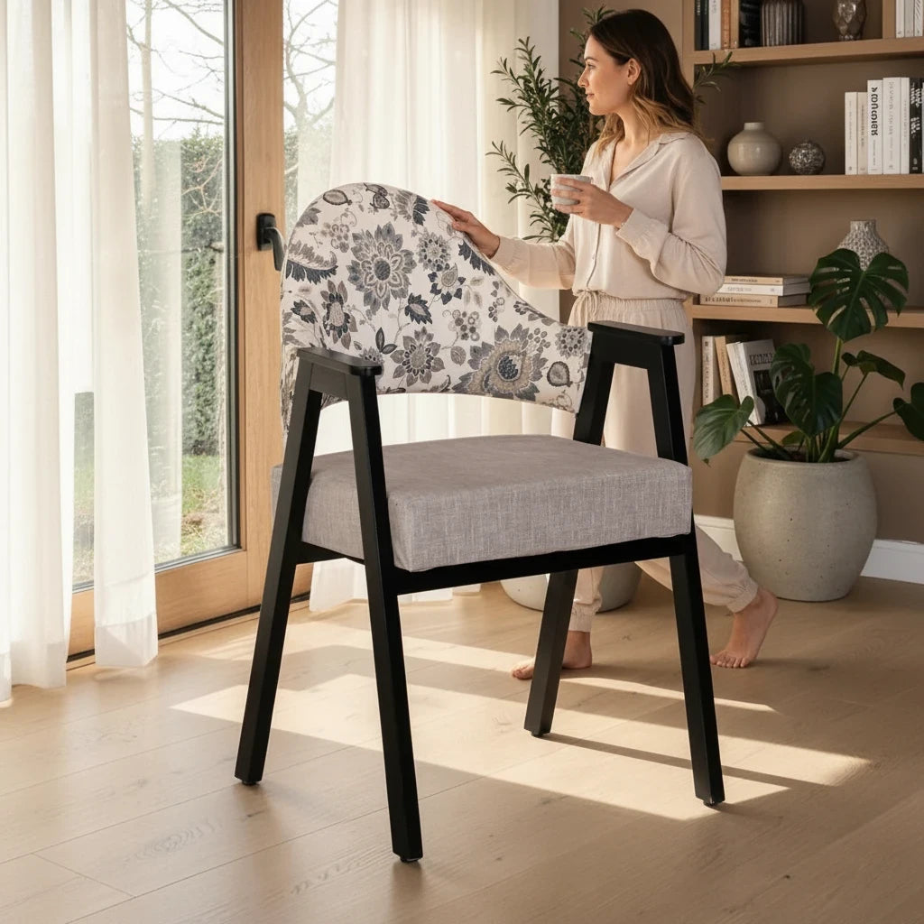 WOOD CURLS Florence arm chair with black Sheesham wood frame, floral print backrest, and grey cushioned seat