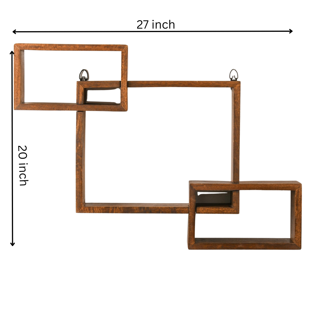 WOOD CURLS geometric intersecting wall shelf made of solid brown mango wood for modern home decor display