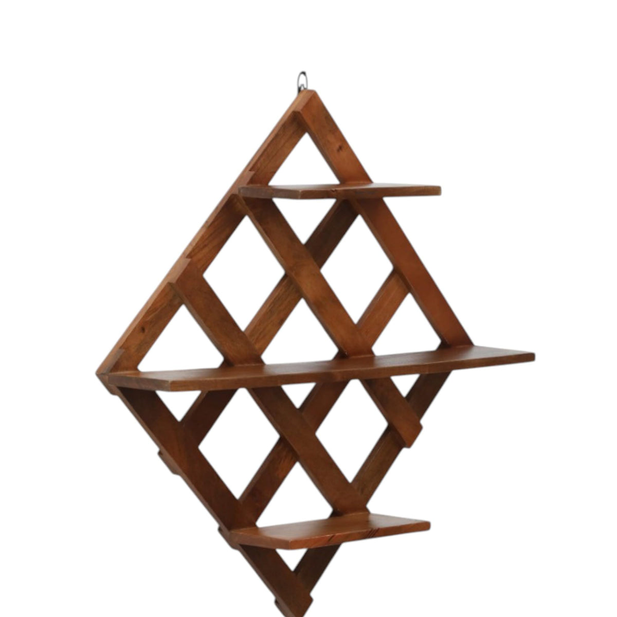 WOOD CURLS geometric diamond-shaped wall shelf made of natural mango wood with three horizontal display tiers