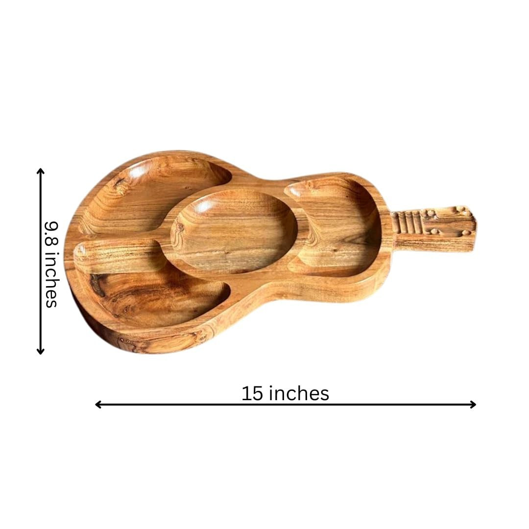 WOOD CURLS guitar shaped wooden serving platter with divided compartments for appetizers and snacks