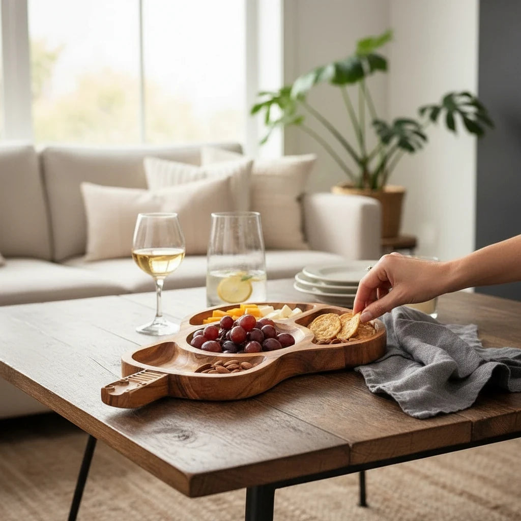 WOOD CURLS guitar shaped wooden serving platter filled with snacks on a rustic table in a cozy living room setting