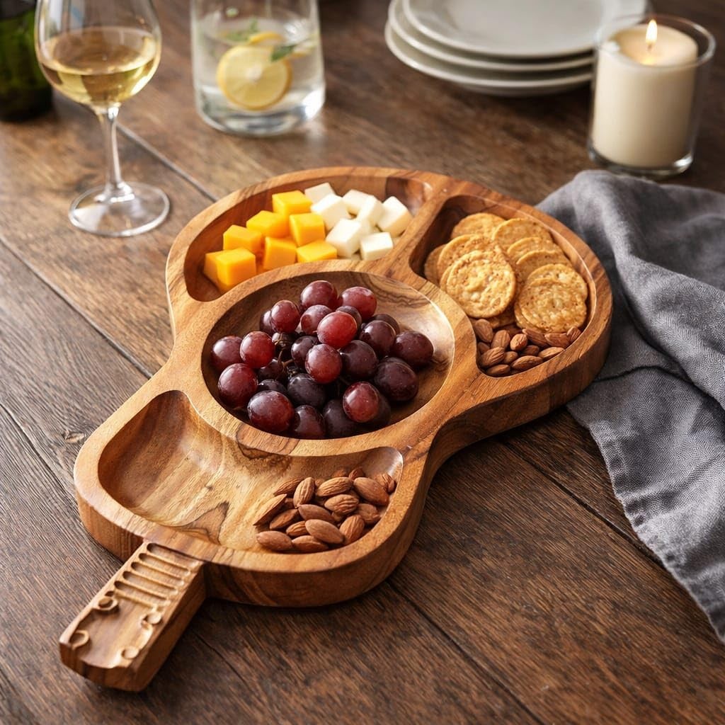 WOOD CURLS guitar shaped wooden serving platter filled with cheese, grapes, crackers, and nuts on a rustic table.