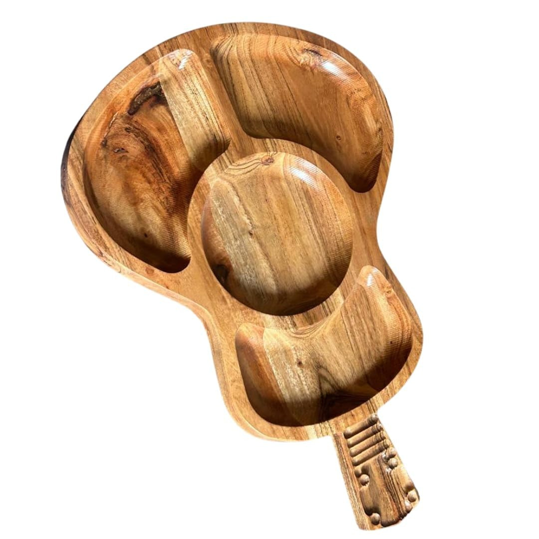 WOOD CURLS guitar shaped wooden serving platter with divided compartments and natural wood grain finish.