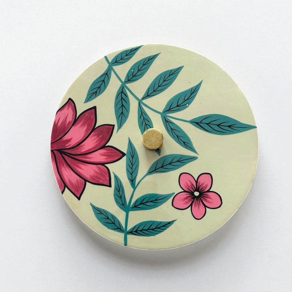 WOOD CURLS handcrafted mango wood storage container lid with vibrant hand-painted pink floral design on cream base