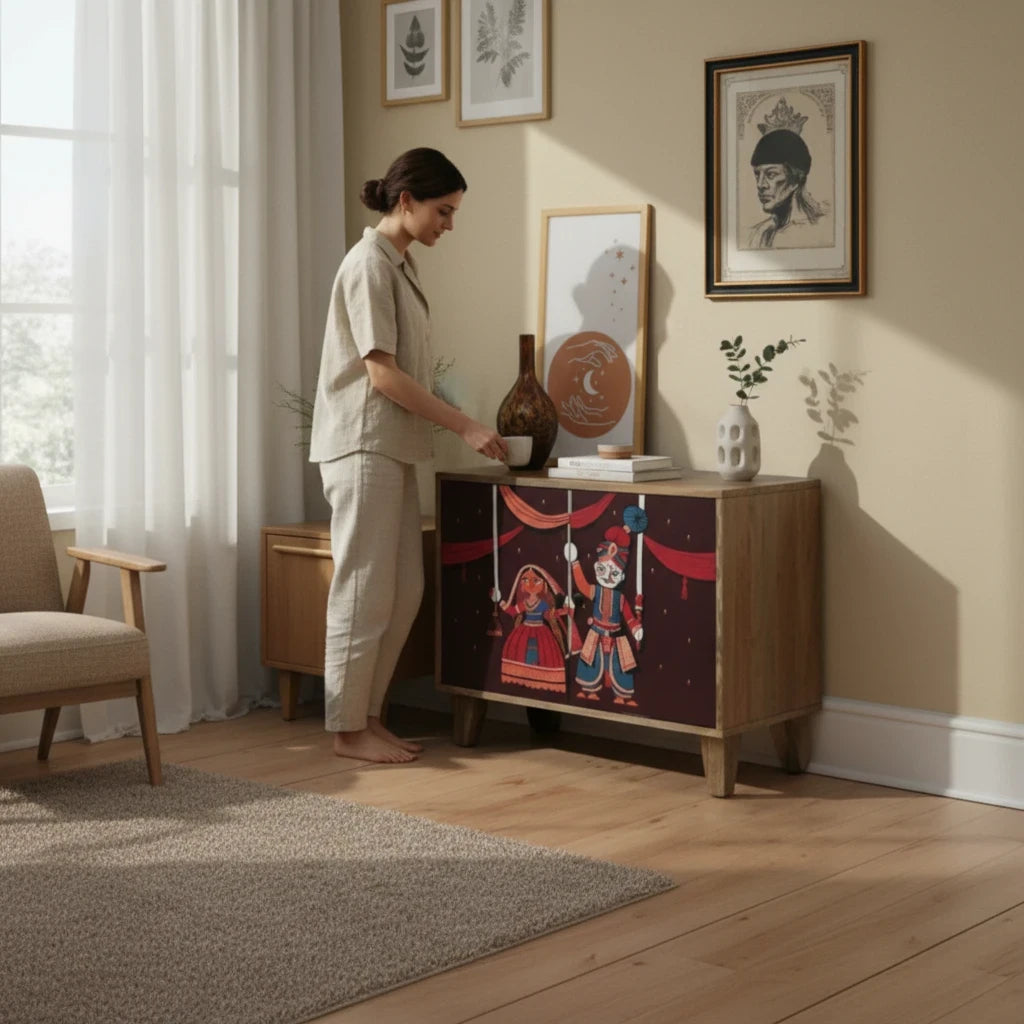 WOOD CURLS hand-painted mango wood cabinet with Rajasthani puppet art in a cozy living room with a woman standing by it.