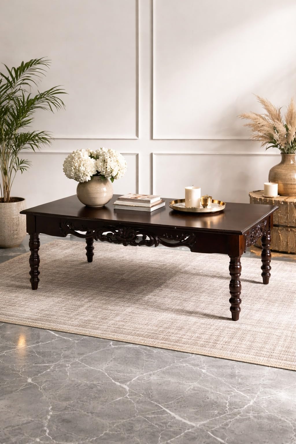 WOOD CURLS handcrafted rectangular wooden coffee table with intricate carved apron and traditional turned legs.