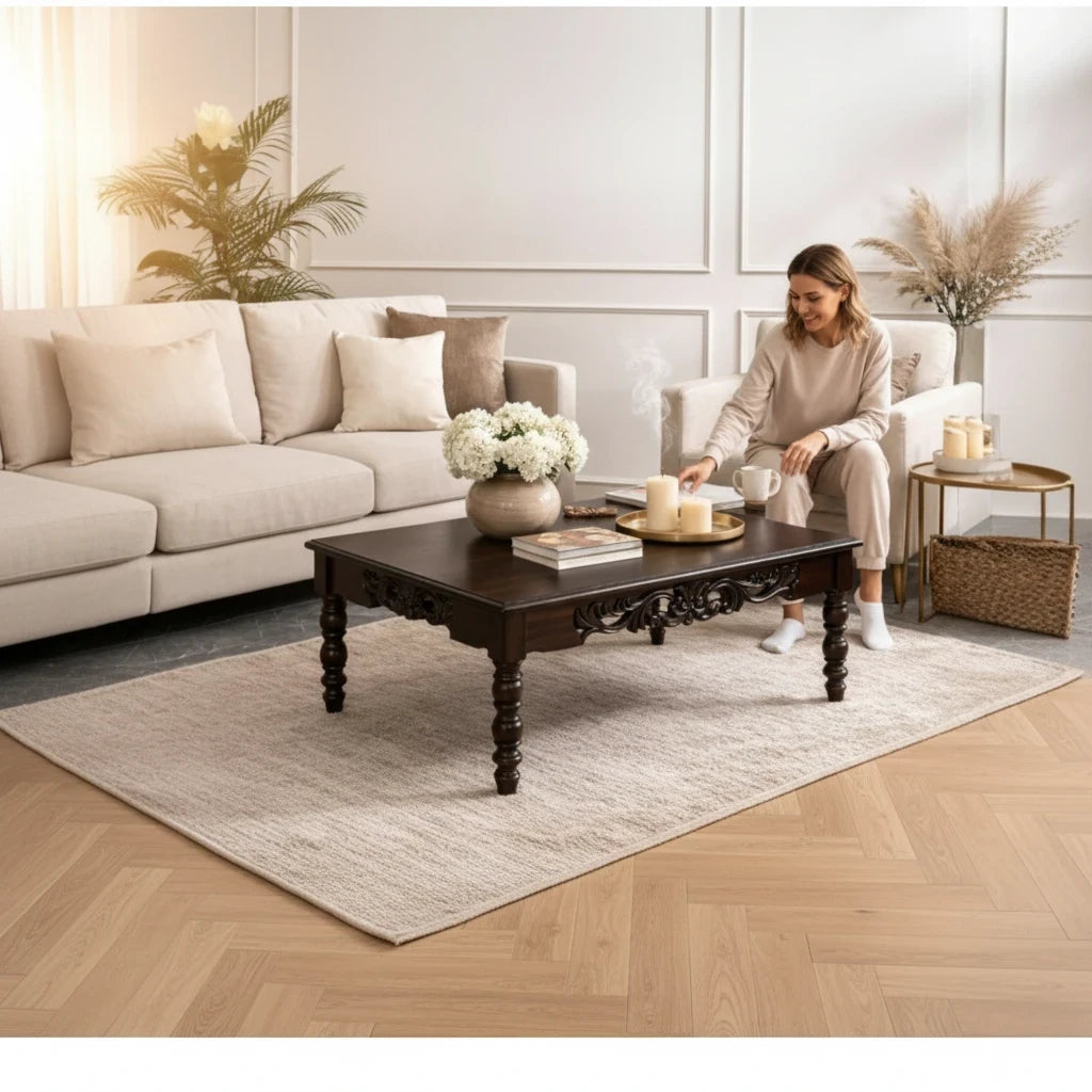 WOOD CURLS handcrafted dark wood coffee table with intricate carvings and turned legs in a bright living room setting.