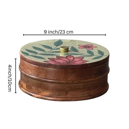 WOOD CURLS handcrafted mango wood storage container with a hand-painted floral lid for snacks and dry fruits