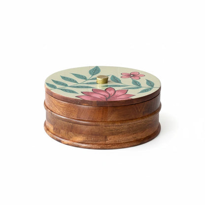 WOOD CURLS handcrafted mango wood storage container with a round hand-painted floral lid for snacks or dry fruits