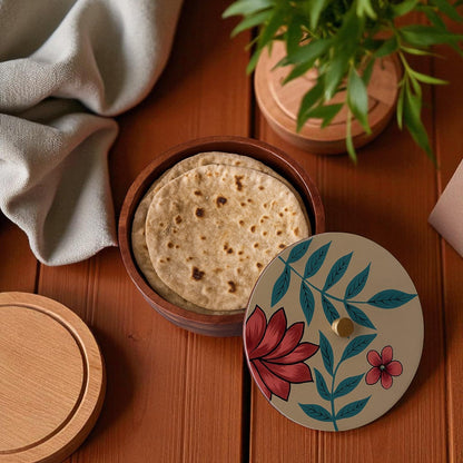 WOOD CURLS handcrafted mango wood storage container with a hand-painted floral lid holding rotis on a wooden table