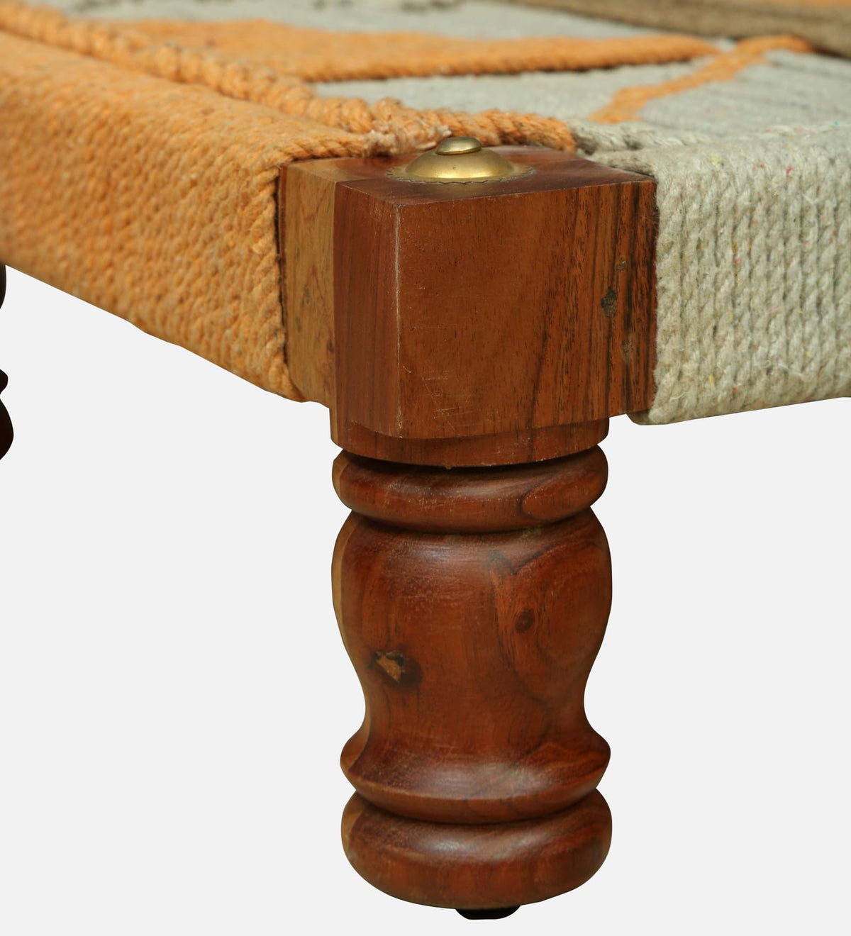 WOOD CURLS handwoven wooden chowki with turned legs and geometric rope pattern in peach and natural tones