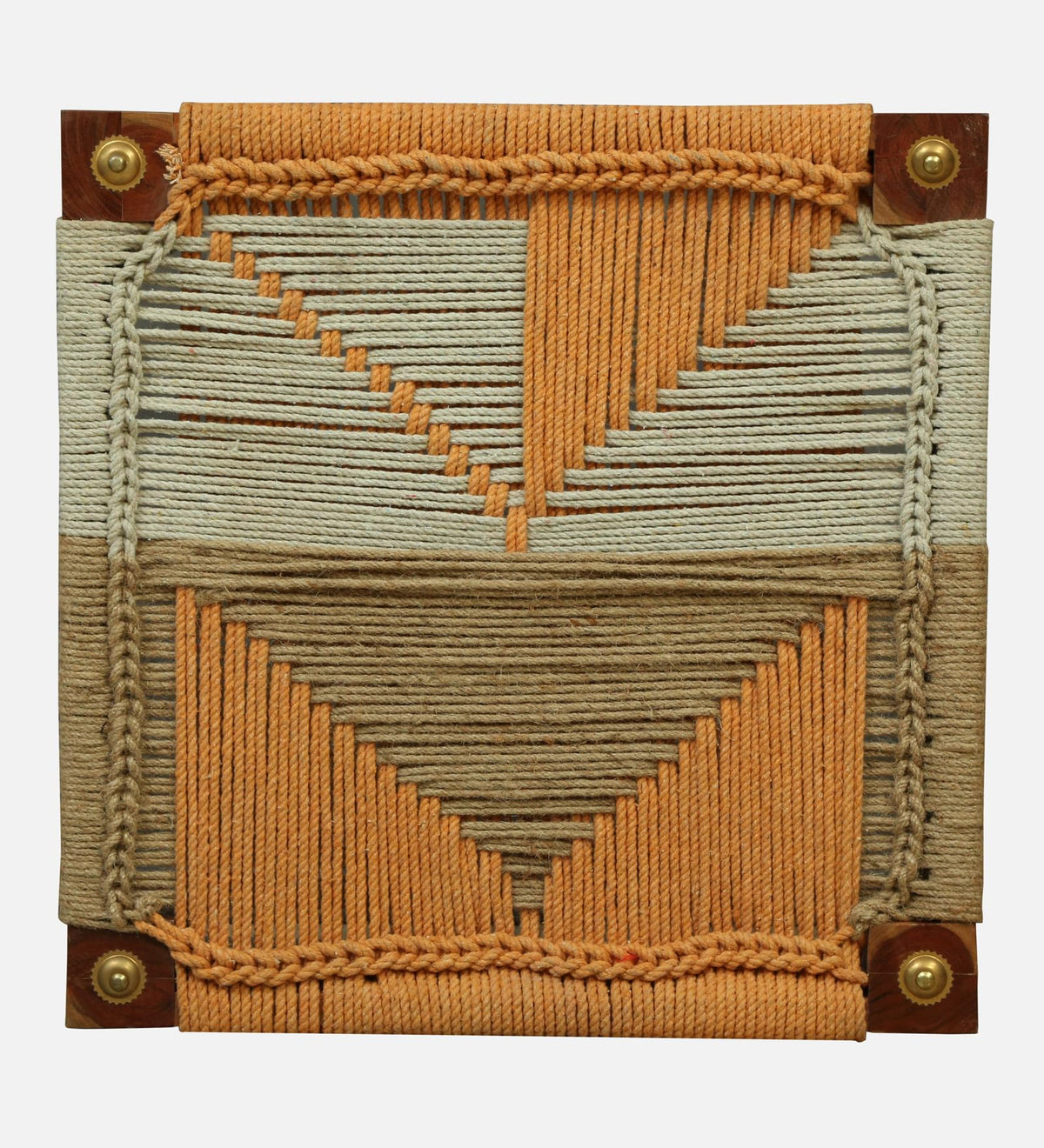 WOOD CURLS handwoven wooden chowki with geometric rope pattern in natural, peach, and brown tones for traditional use.