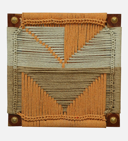 WOOD CURLS handwoven wooden chowki with geometric rope pattern in natural, peach, and brown tones for traditional use.